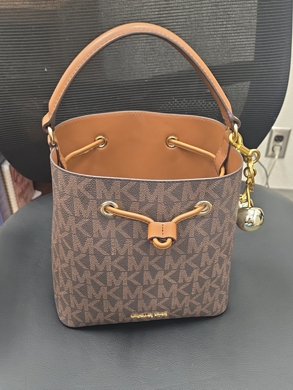 Michael Kors Brown Logo Drawstring Bucket Bag
